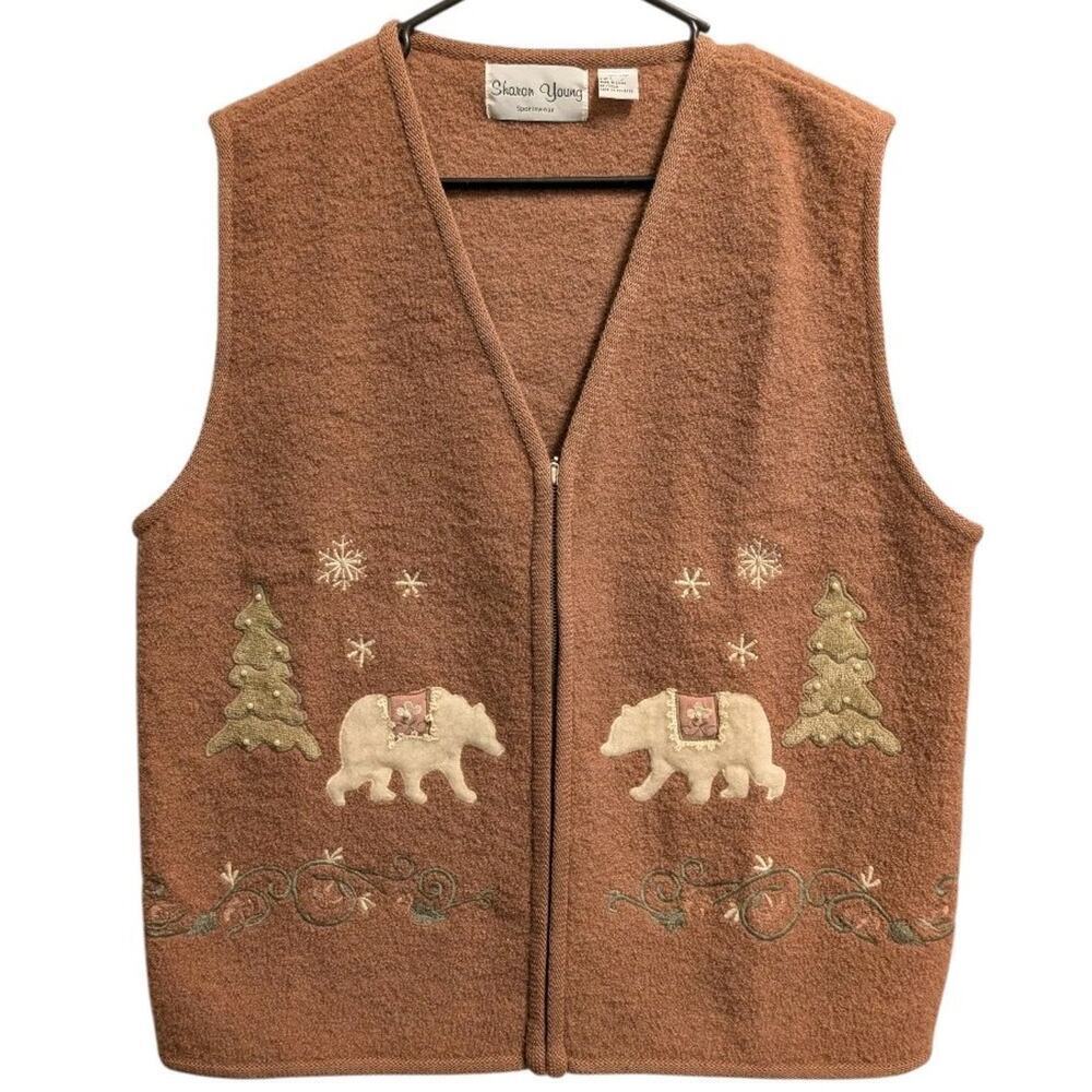 Vtg Sharon Young Wool Women Lg Vest Holiday Christmas Winter Brown Polar Bear